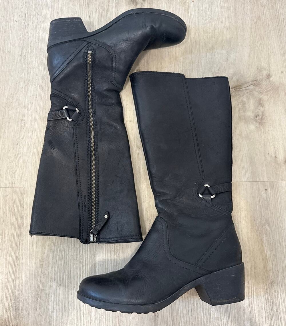 Teva Foxy Tall Waterproof Leather Riding Boots Black Side Zip 1019224 Size 8.5